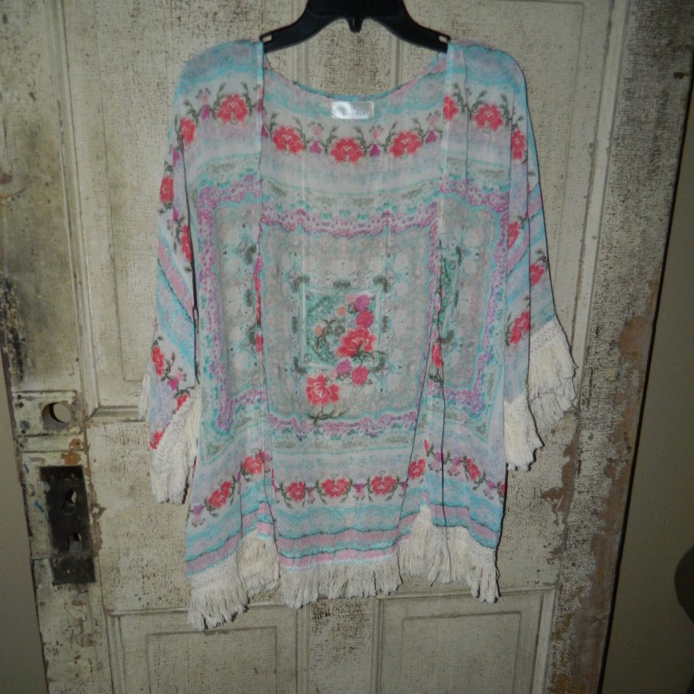Baluoke Open Front floral & fringed kimono top L/XL (FF-17)